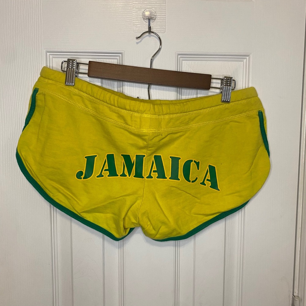 TBL Sport Jamaica Graphic Dolphin Shorts Yellow Green Cotton Womens Large